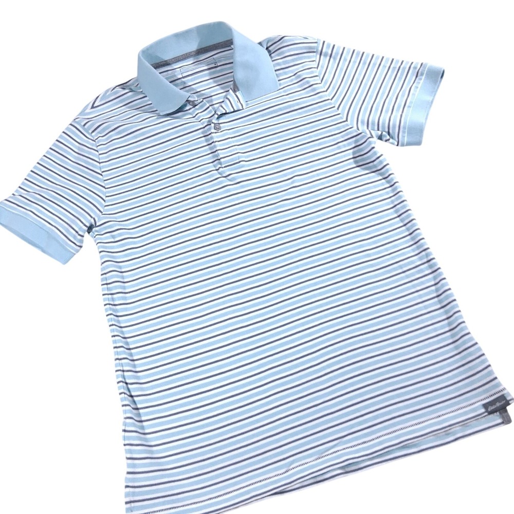 Eddie Bauer Men's MED Striped Polo Shirt Light Blue White Preppy Short Sleeve